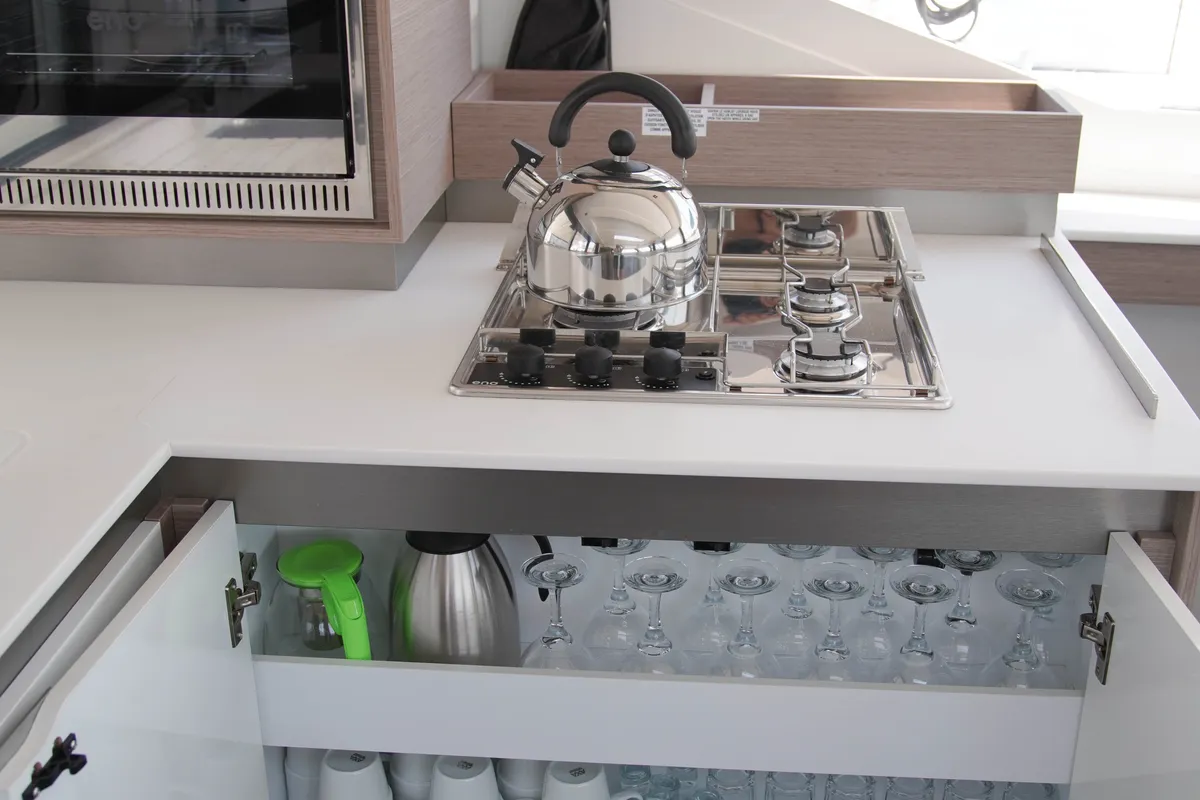 Galley of Anasa, a Fountaine Pajot Isla 40 catamaran at Kavala, Greece