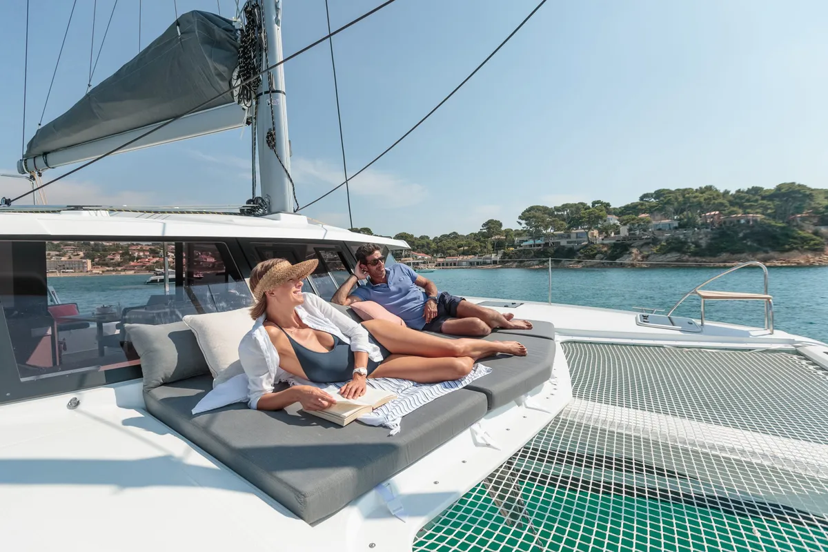 Deck of Anasa, a Fountaine Pajot Isla 40 catamaran at Kavala, Greece