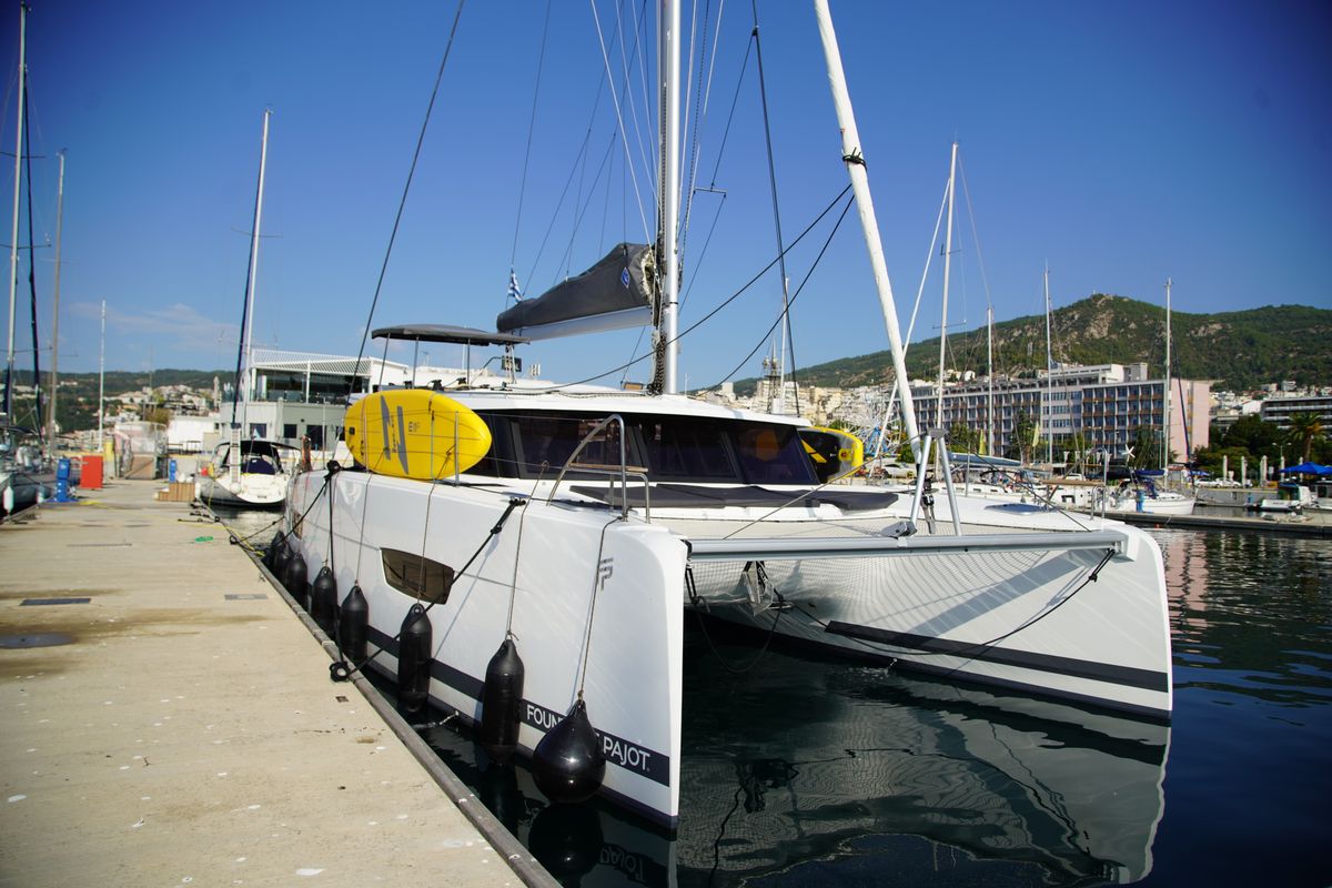 Exterior view of Anasa, a Fountaine Pajot Isla 40 catamaran at Kavala, Greece