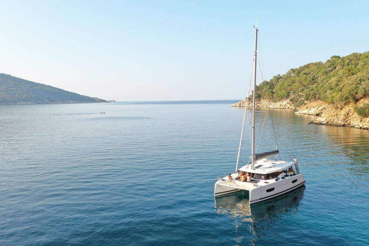 Exterior view of Anasa, a Fountaine Pajot Isla 40 catamaran at Kavala, Greece
