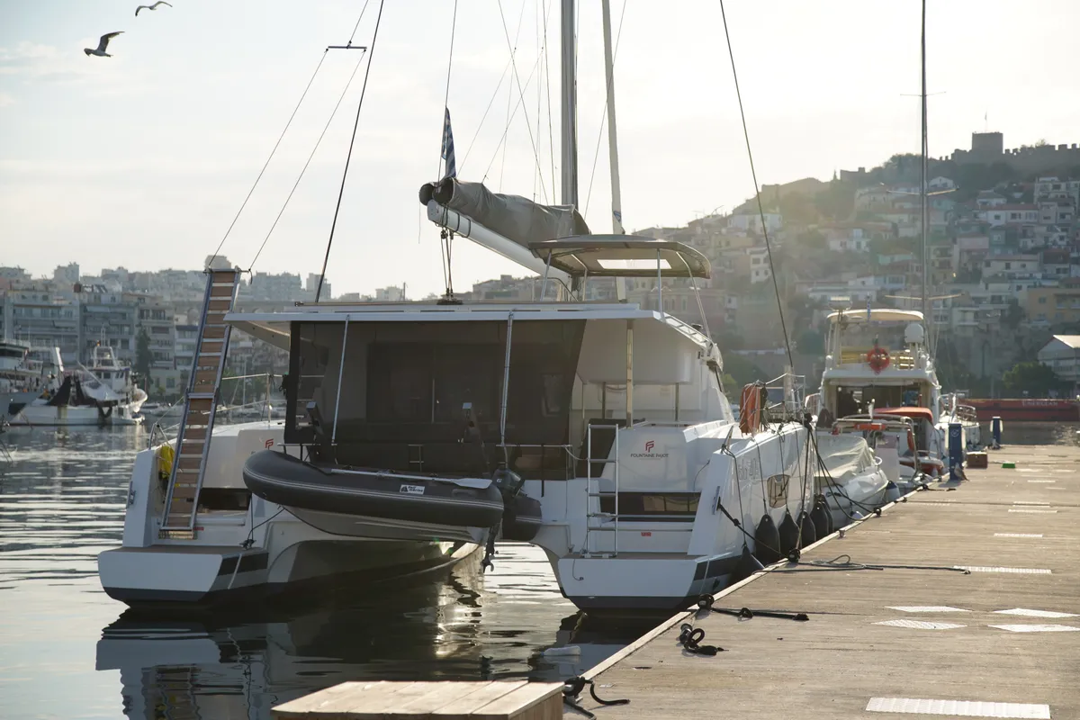Exterior view of Anasa, a Fountaine Pajot Isla 40 catamaran at Kavala, Greece