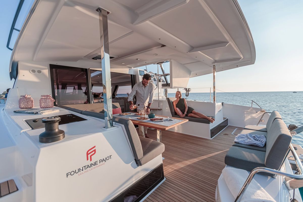 Deck of Anasa, a Fountaine Pajot Isla 40 catamaran at Kavala, Greece