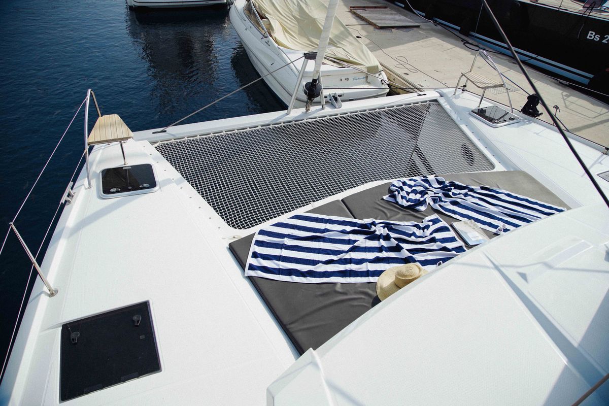 Deck of Anasa, a Fountaine Pajot Isla 40 catamaran at Kavala, Greece