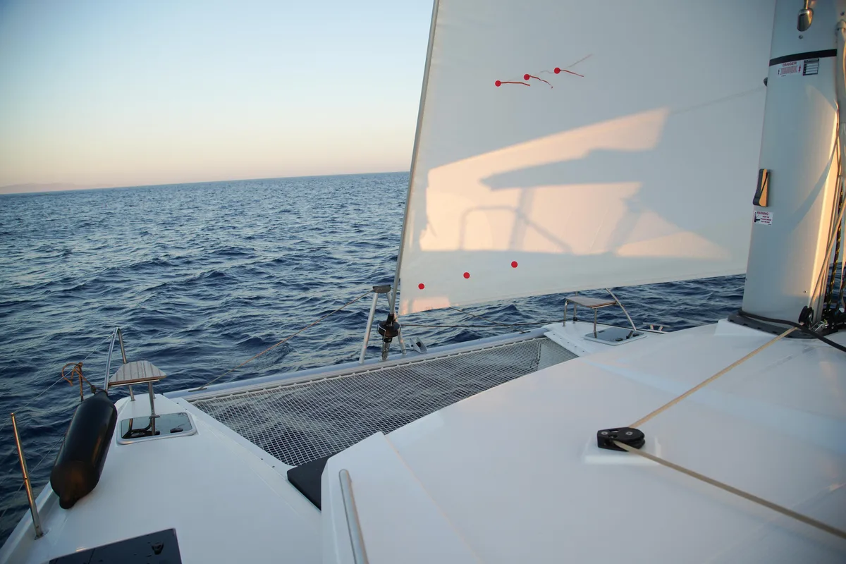 Deck of Anasa, a Fountaine Pajot Isla 40 catamaran at Kavala, Greece