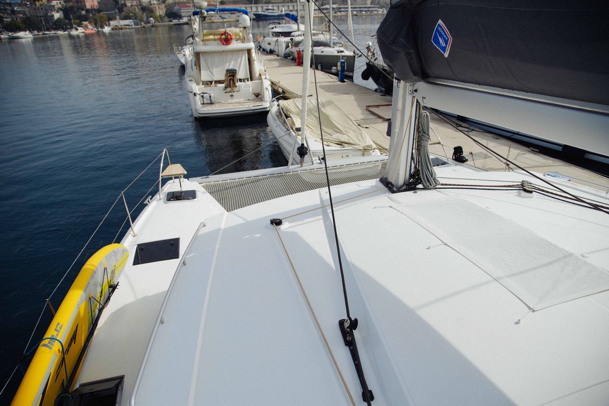 Deck of Anasa, a Fountaine Pajot Isla 40 catamaran at Kavala, Greece