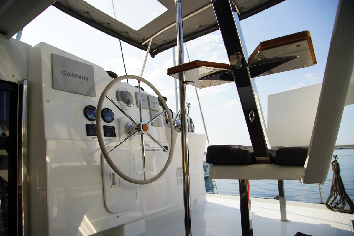 Cockpit of Anasa, a Fountaine Pajot Isla 40 catamaran at Kavala, Greece