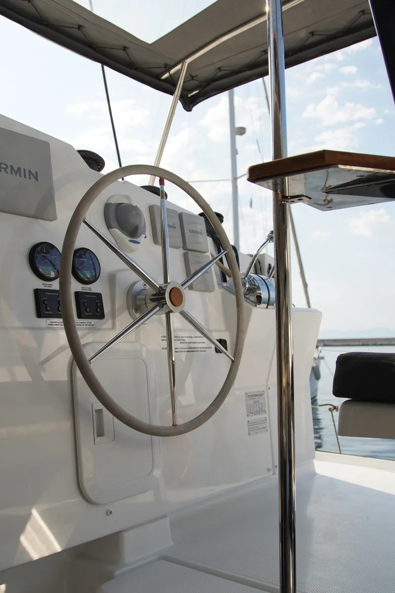 Cockpit of Anasa, a Fountaine Pajot Isla 40 catamaran at Kavala, Greece