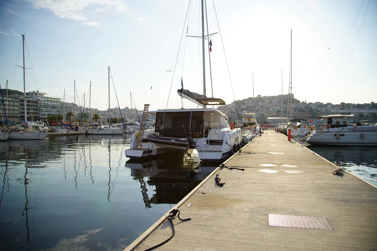 Exterior view of Anasa, a Fountaine Pajot Isla 40 catamaran at Kavala, Greece