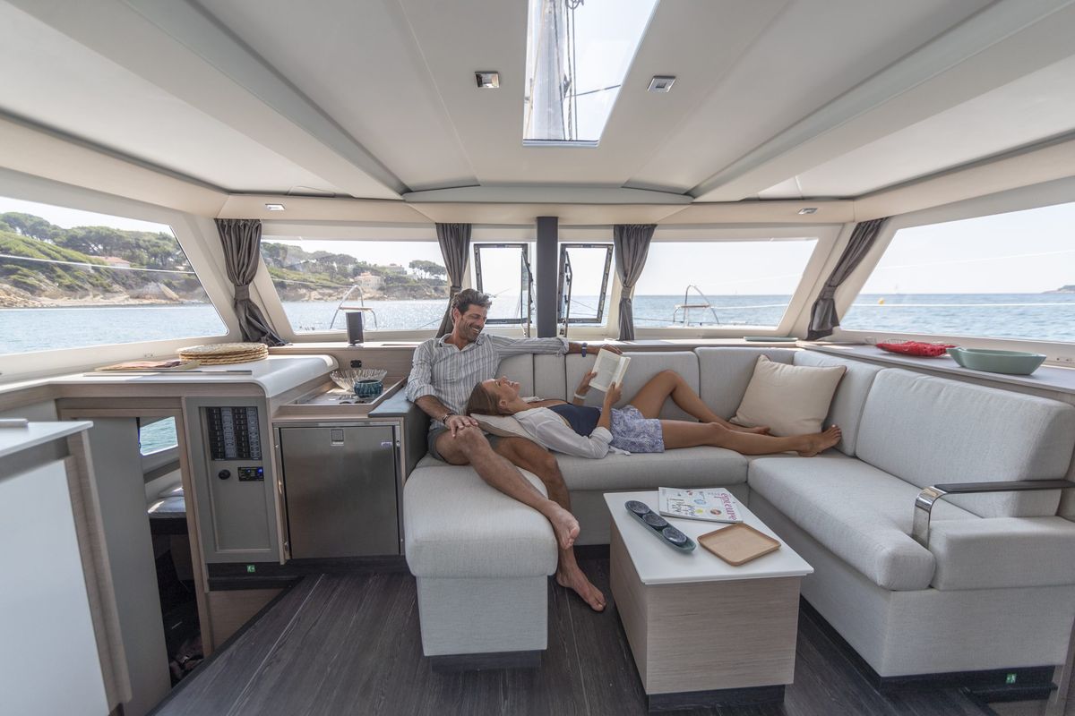 Deck of Anasa, a Fountaine Pajot Isla 40 catamaran at Kavala, Greece