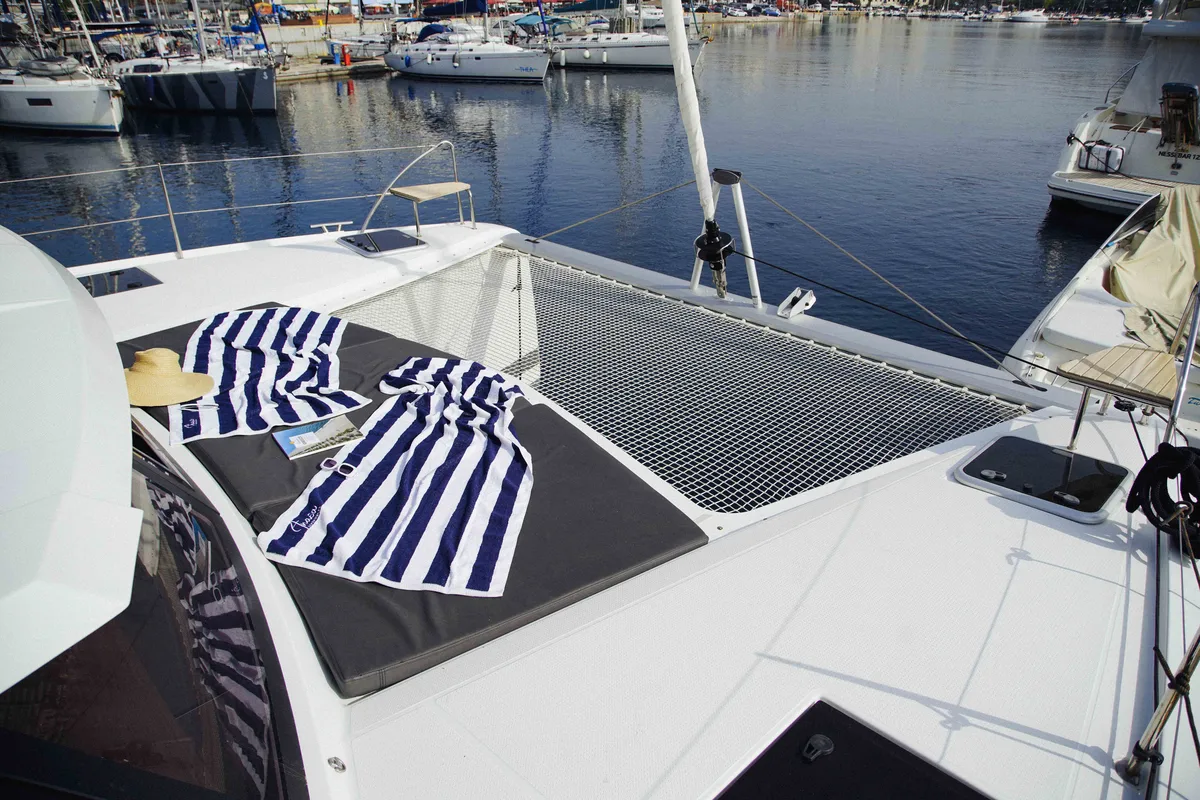 Deck of Anasa, a Fountaine Pajot Isla 40 catamaran at Kavala, Greece