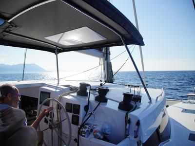 Cockpit of Anasa, a Fountaine Pajot Isla 40 catamaran at Kavala, Greece