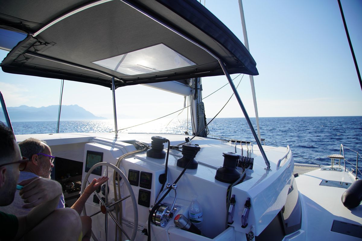 Cockpit of Anasa, a Fountaine Pajot Isla 40 catamaran at Kavala, Greece