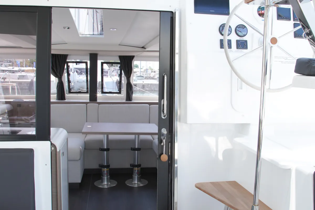 Deck of Anasa, a Fountaine Pajot Isla 40 catamaran at Kavala, Greece