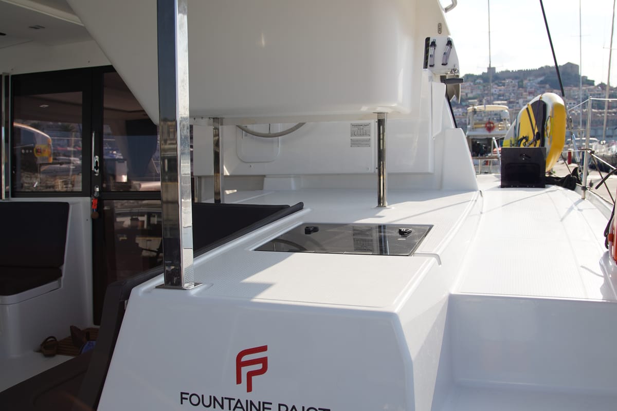 Exterior view of Anasa, a Fountaine Pajot Isla 40 catamaran at Kavala, Greece