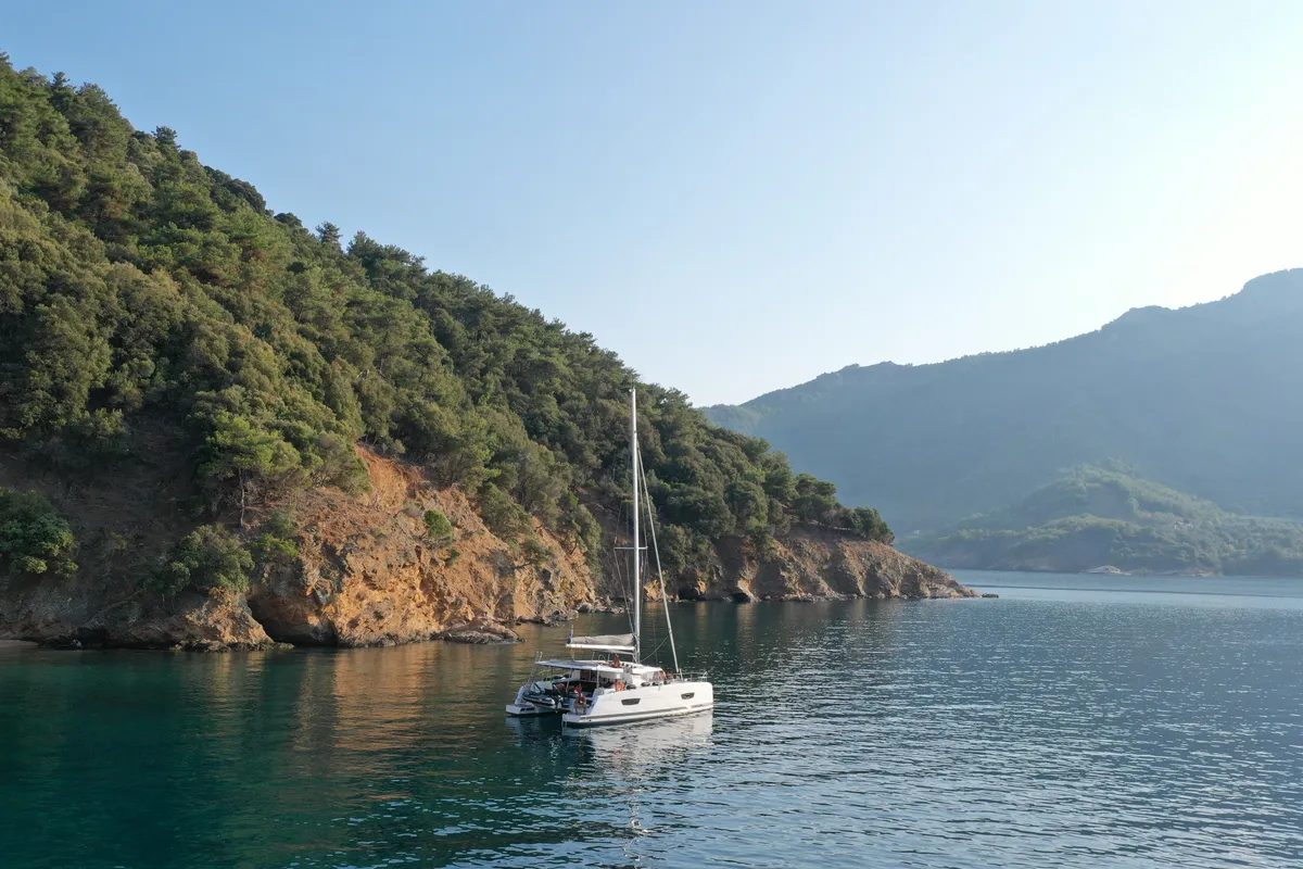 Exterior view of Anasa, a Fountaine Pajot Isla 40 catamaran at Kavala, Greece