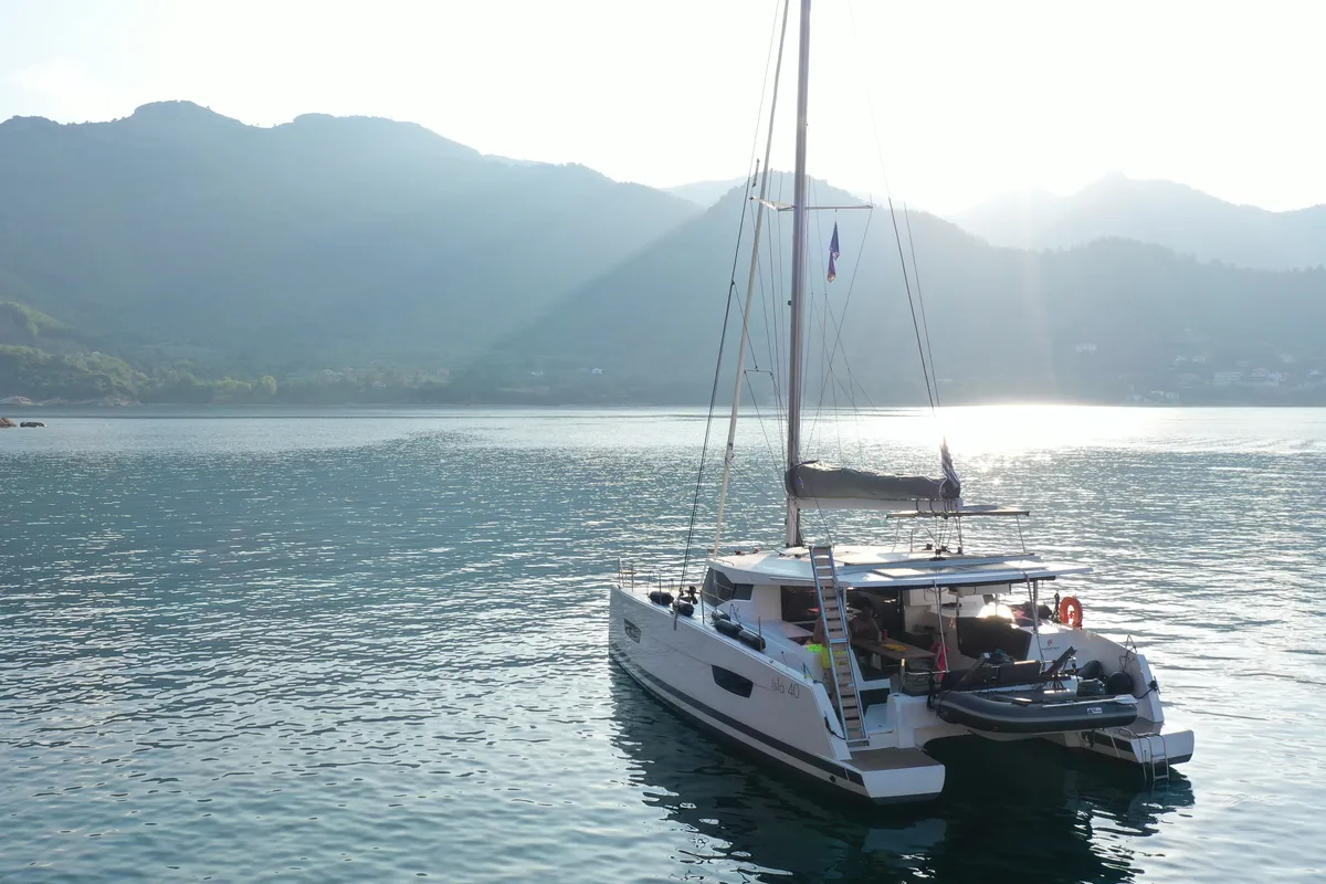 Exterior view of Anasa, a Fountaine Pajot Isla 40 catamaran at Kavala, Greece