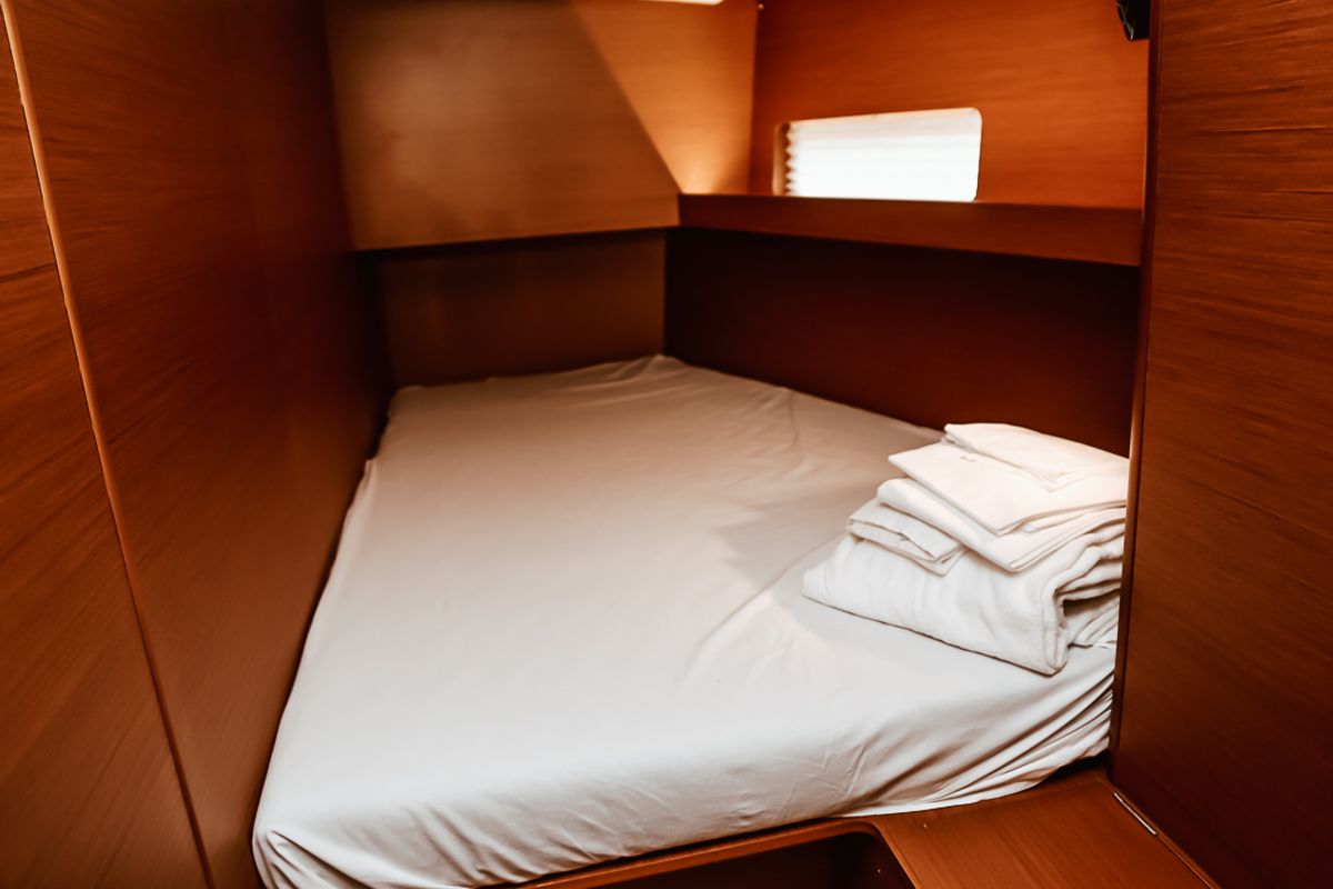 Cabin on Vega, a Jeanneau Sun Loft 47 sailboat at Olbia, Italy