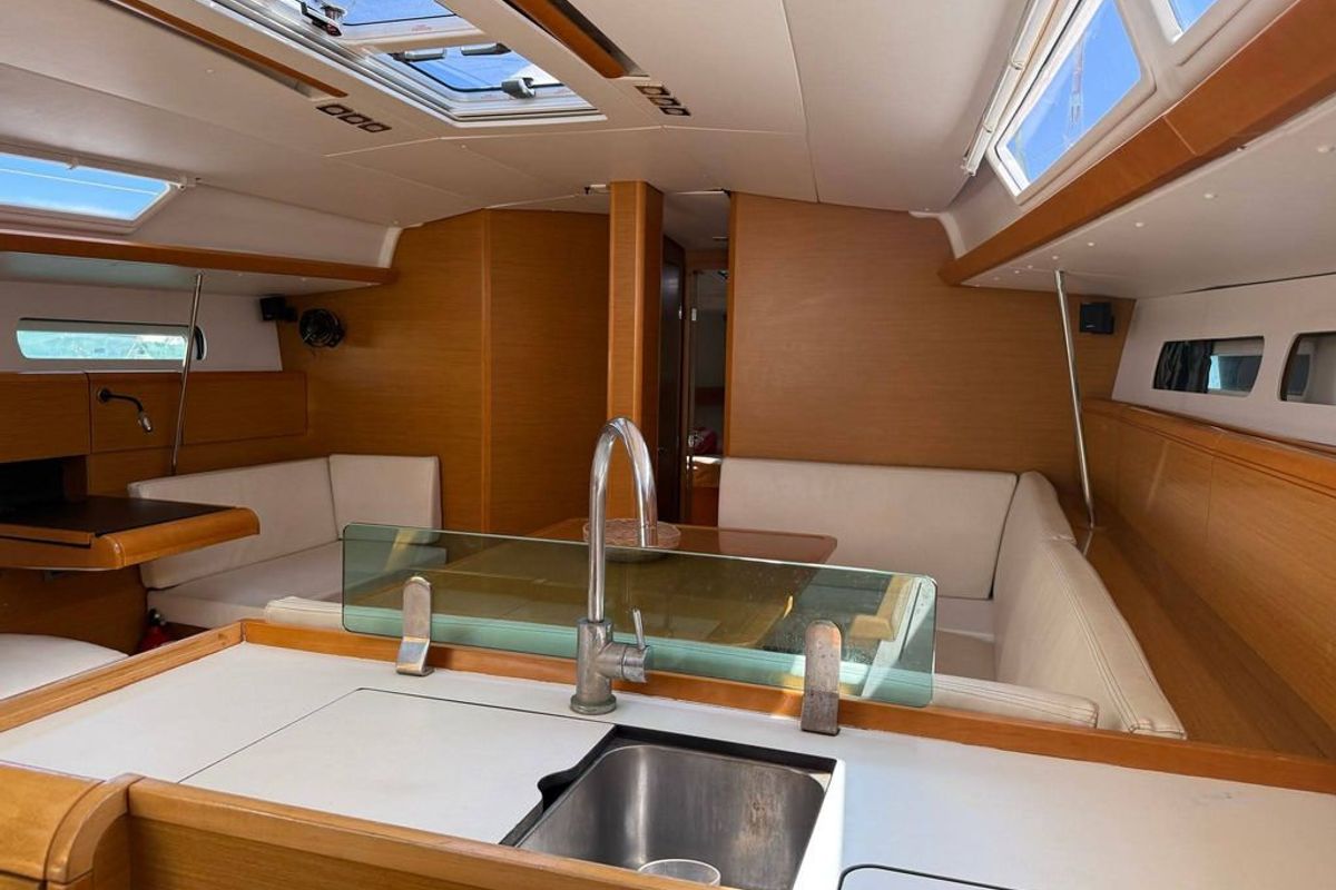 Galley of Mientras Tanto, a Jeanneau Sun Odyssey 449 sailboat at Ibiza, Spain