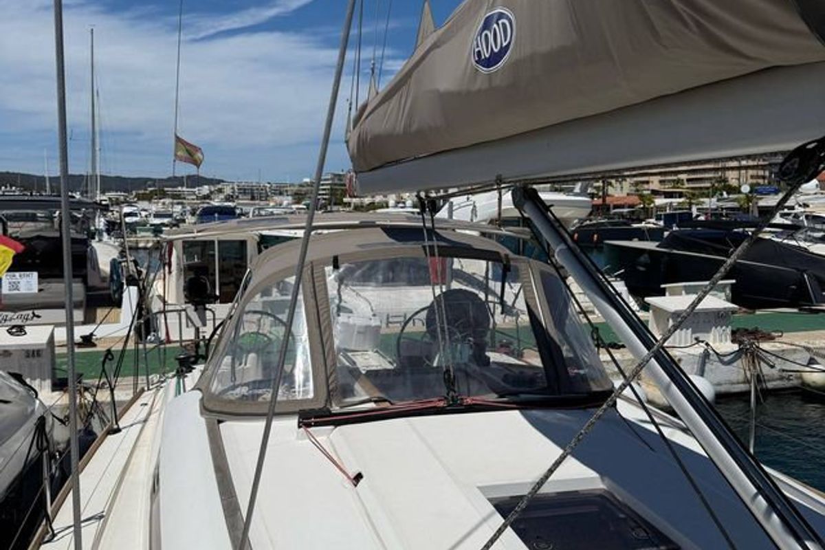 Deck of Mientras Tanto, a Jeanneau Sun Odyssey 449 sailboat at Ibiza, Spain