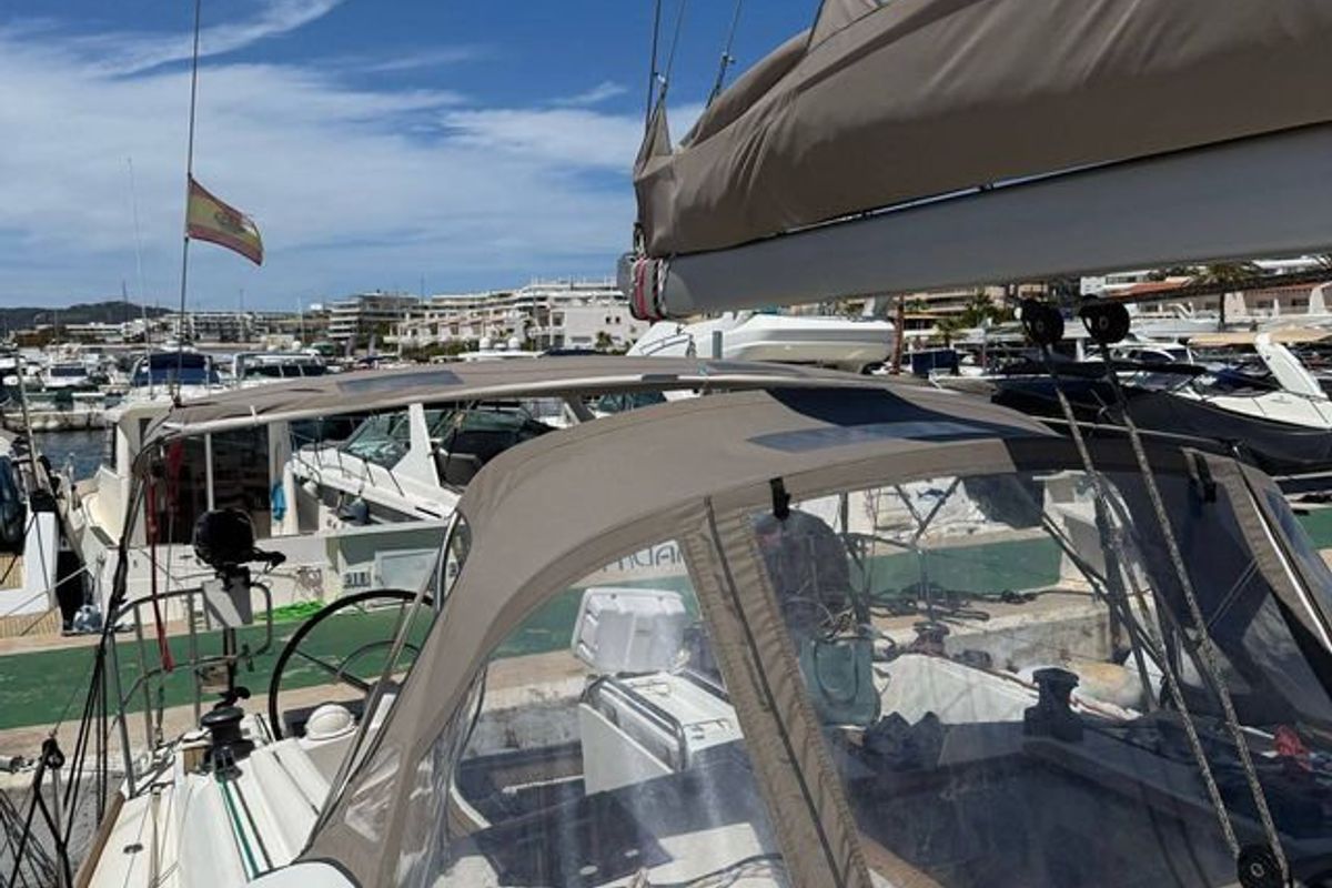 Deck of Mientras Tanto, a Jeanneau Sun Odyssey 449 sailboat at Ibiza, Spain