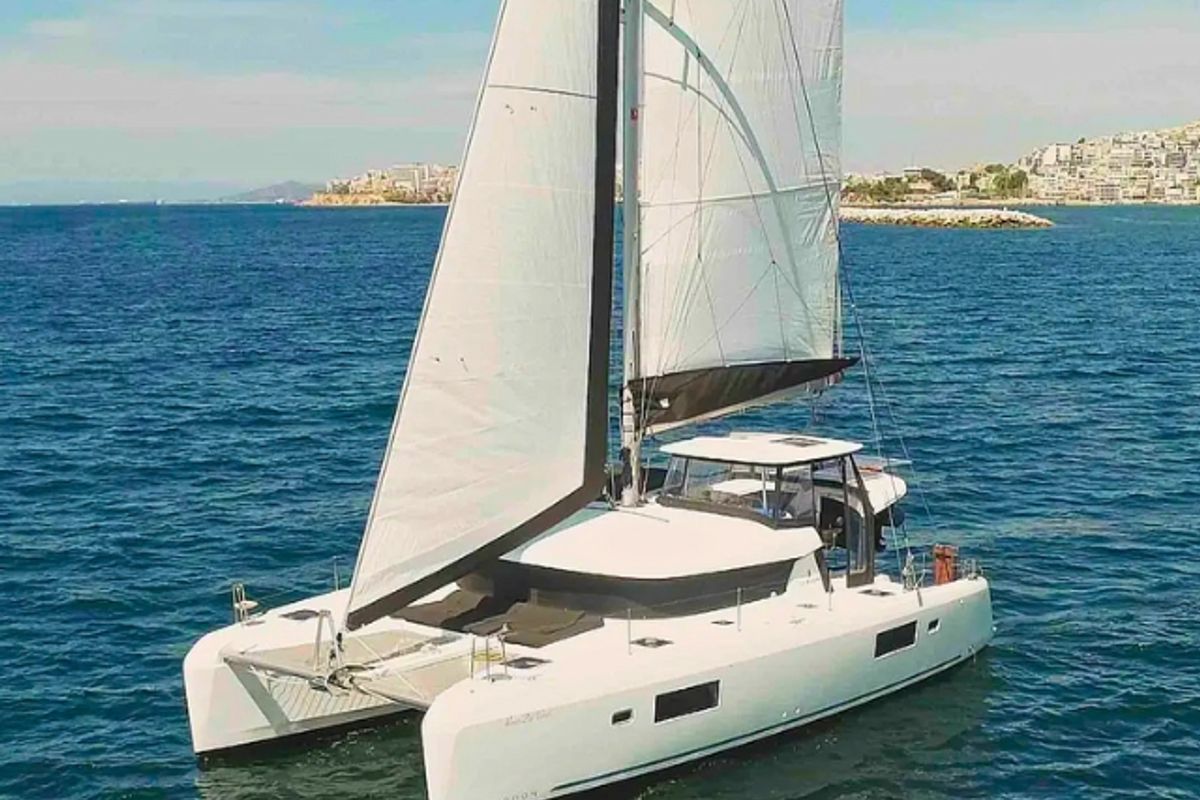 Exterior view of Rosa dei Venti, a Lagoon 42 catamaran at Parikia, Greece