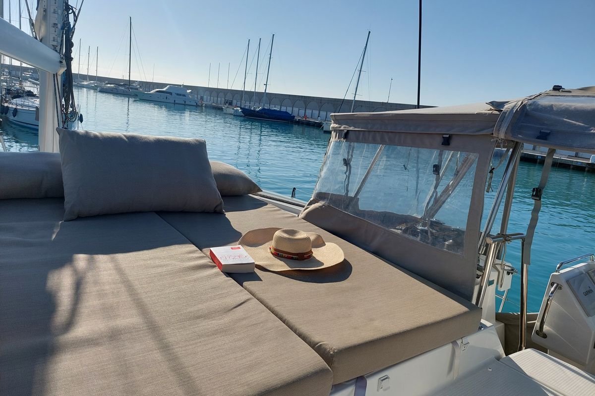 Deck of Ancora Reha, a Fountaine Pajot Saona 47 catamaran at Rosignano Solvay, Italy