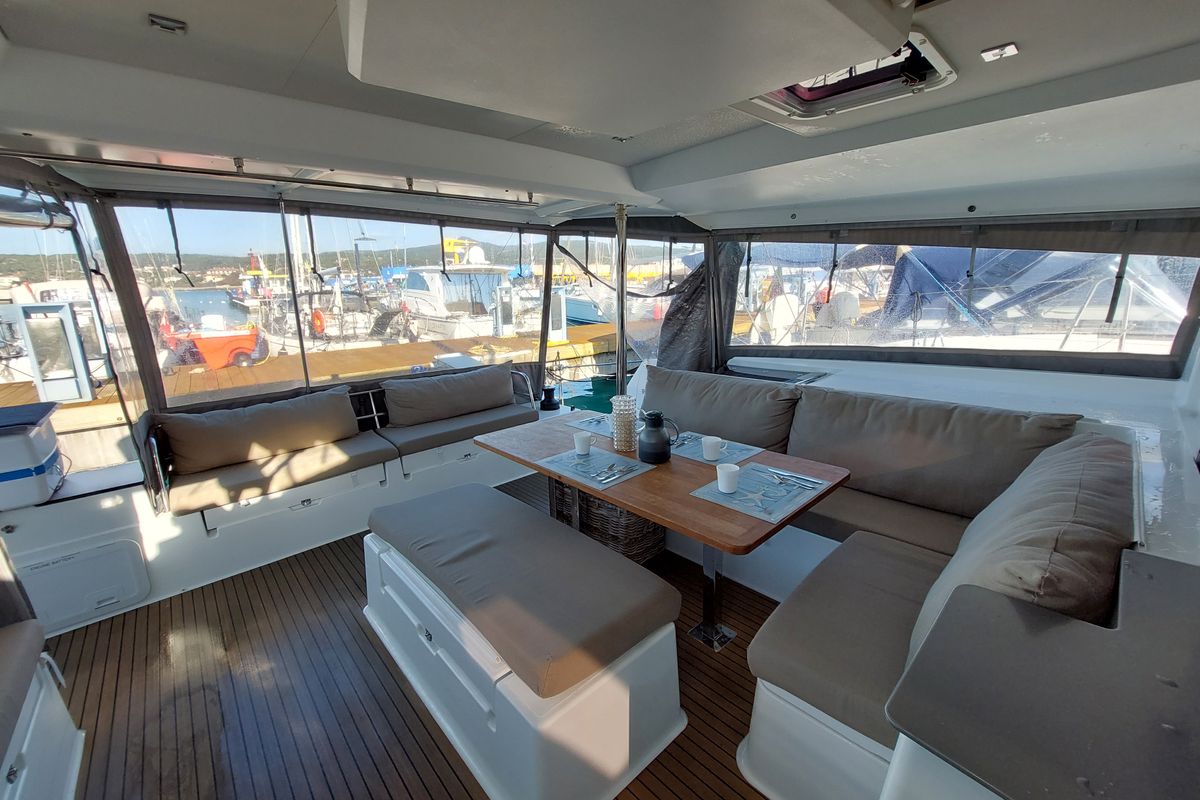 Deck of Ancora Reha, a Fountaine Pajot Saona 47 catamaran at Rosignano Solvay, Italy