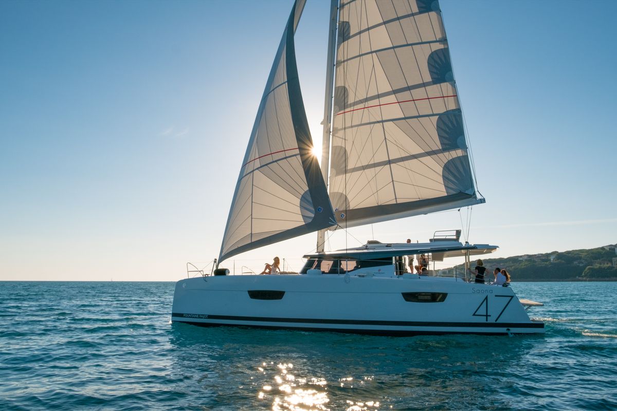 Exterior view of Ancora Reha, a Fountaine Pajot Saona 47 catamaran at Rosignano Solvay, Italy
