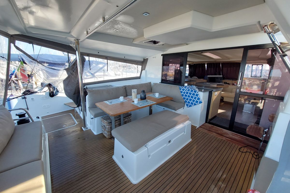 Deck of Ancora Reha, a Fountaine Pajot Saona 47 catamaran at Rosignano Solvay, Italy