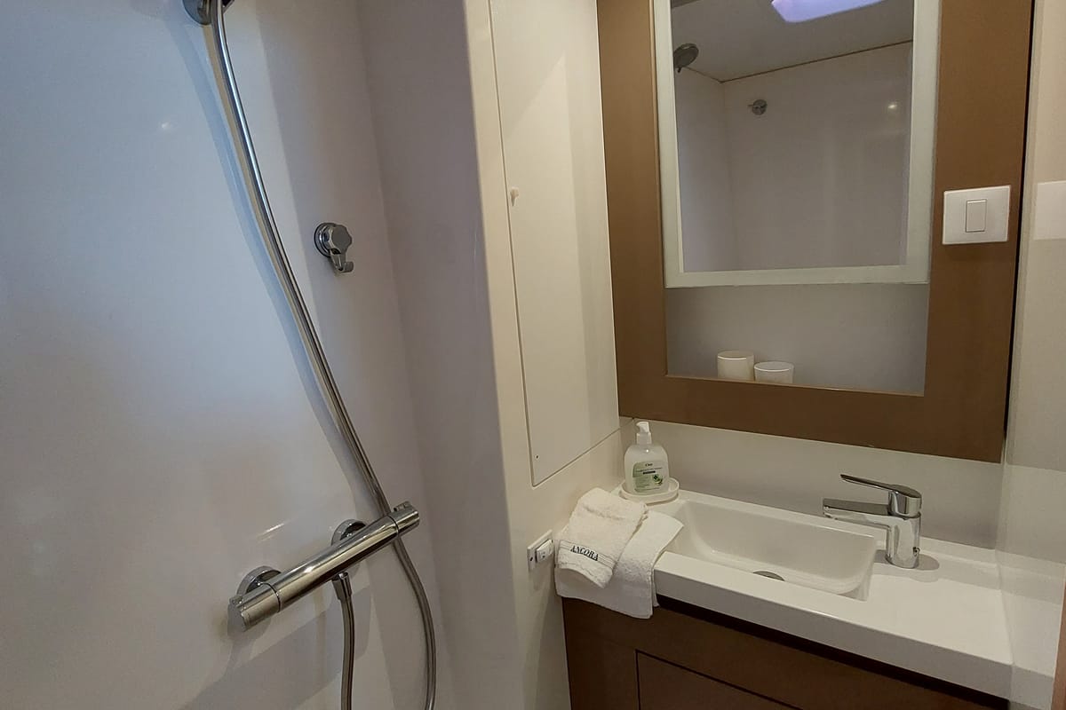 Head on Ancora Reha, a Fountaine Pajot Saona 47 catamaran at Rosignano Solvay, Italy