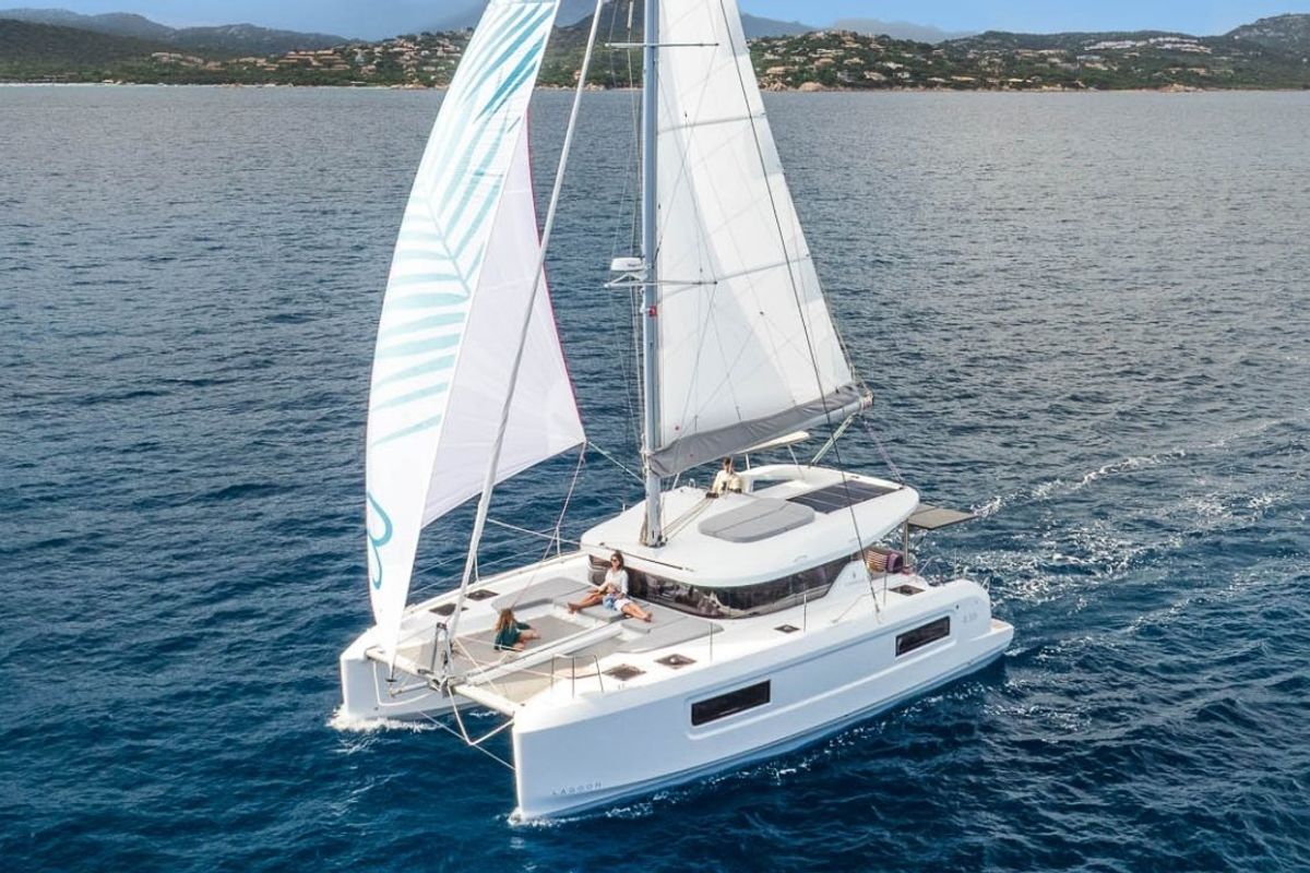 Exterior view of Blue Horizon, a Lagoon 38 catamaran at Grad Kaštela, Croatia