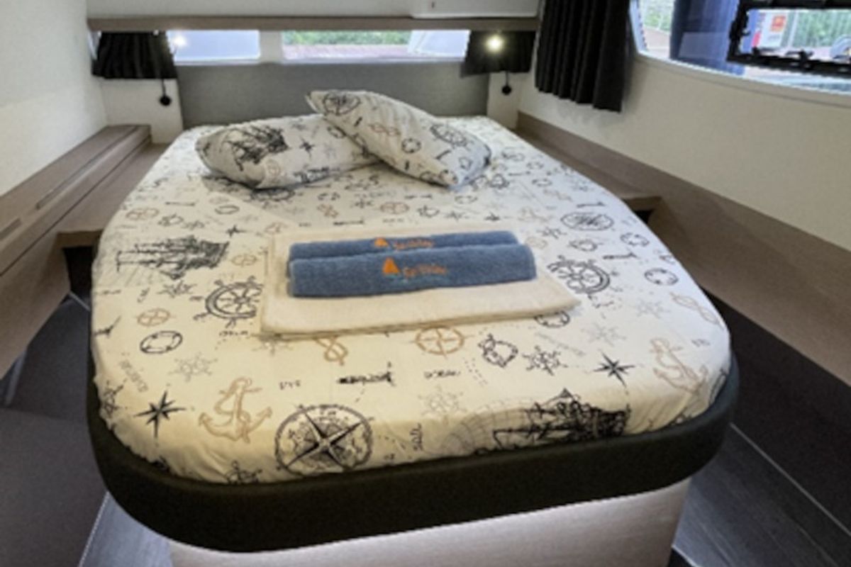 Cabin on Gazi, a Fountaine Pajot Isla 40 catamaran at Marmaris, Turkey