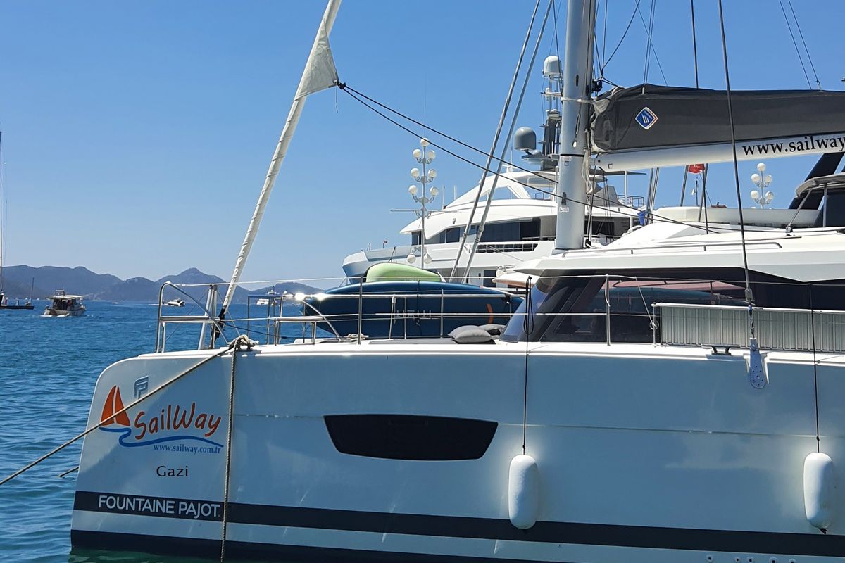 Exterior view of Gazi, a Fountaine Pajot Isla 40 catamaran at Marmaris, Turkey
