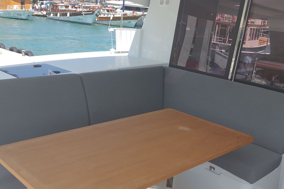 Deck of Gazi, a Fountaine Pajot Isla 40 catamaran at Marmaris, Turkey