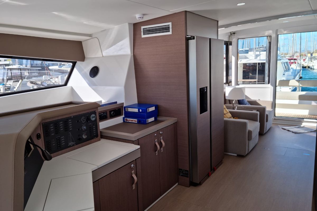 Salon of North Star, a Bali 5.4 catamaran at Olbia, Italy