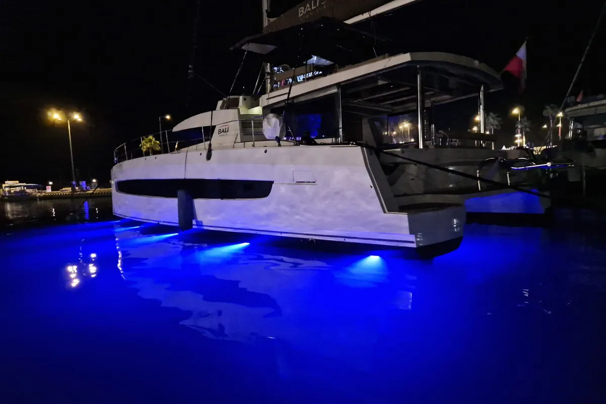 Exterior view of North Star, a Bali 5.4 catamaran at Olbia, Italy
