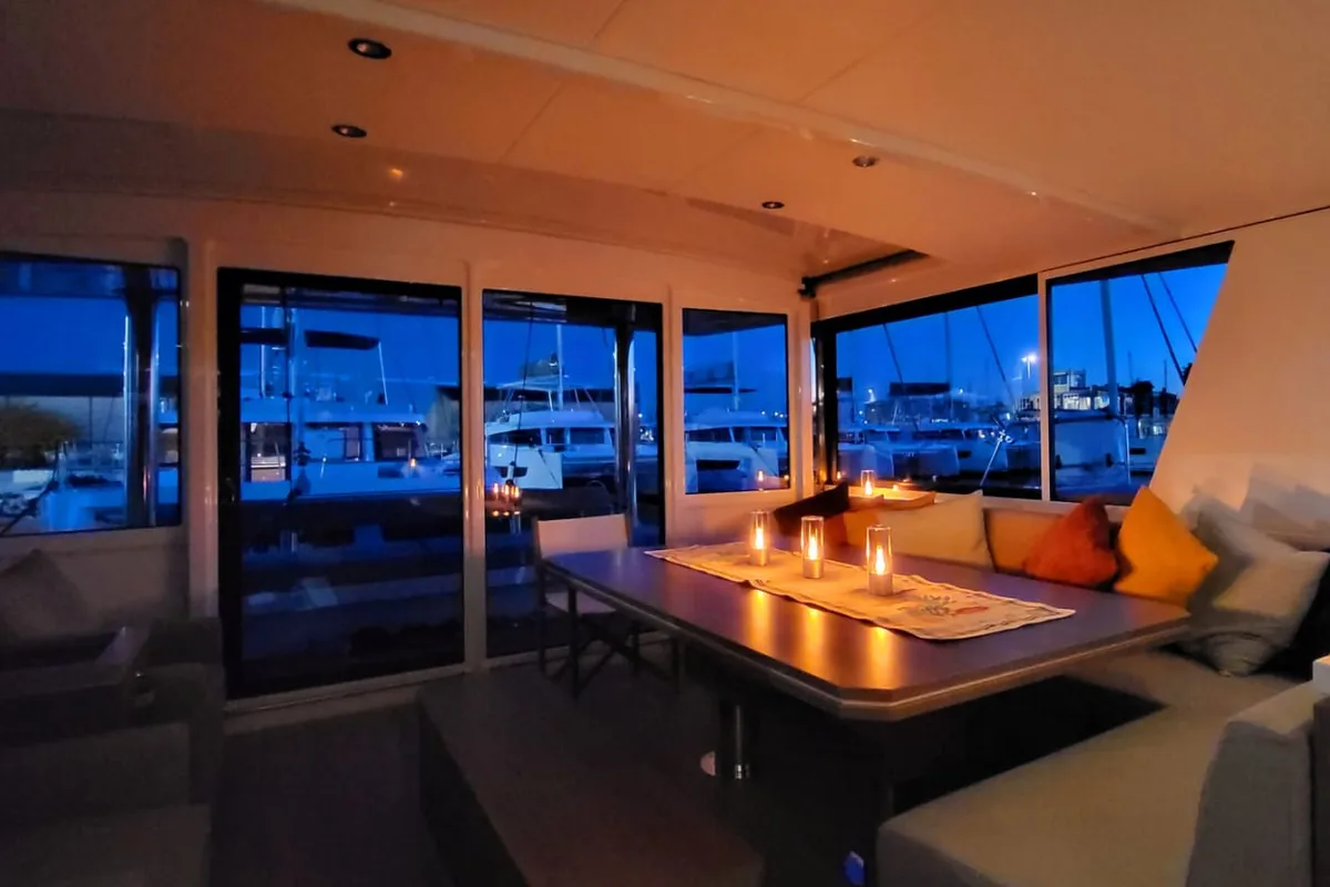 Salon of North Star, a Bali 5.4 catamaran at Olbia, Italy