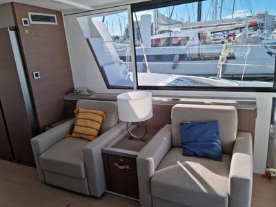 Salon of North Star, a Bali 5.4 catamaran at Olbia, Italy