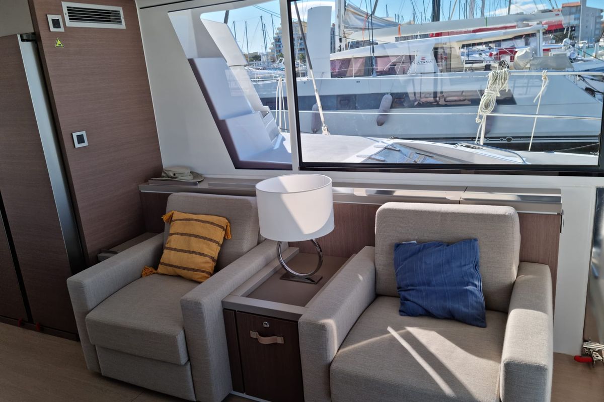 Salon of North Star, a Bali 5.4 catamaran at Olbia, Italy