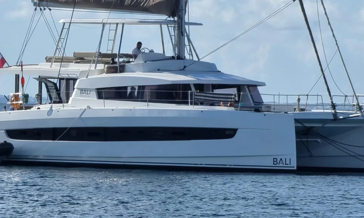 Exterior view of North Star, a Bali 5.4 catamaran at Olbia, Italy