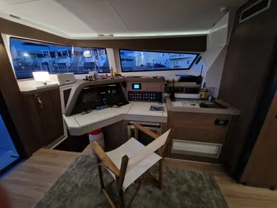 Cockpit of North Star, a Bali 5.4 catamaran at Olbia, Italy