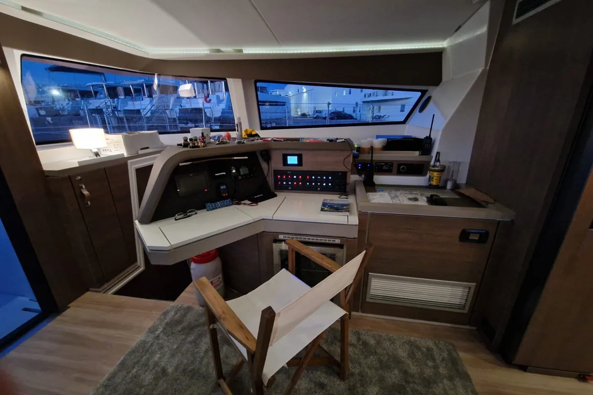 Cockpit of North Star, a Bali 5.4 catamaran at Olbia, Italy