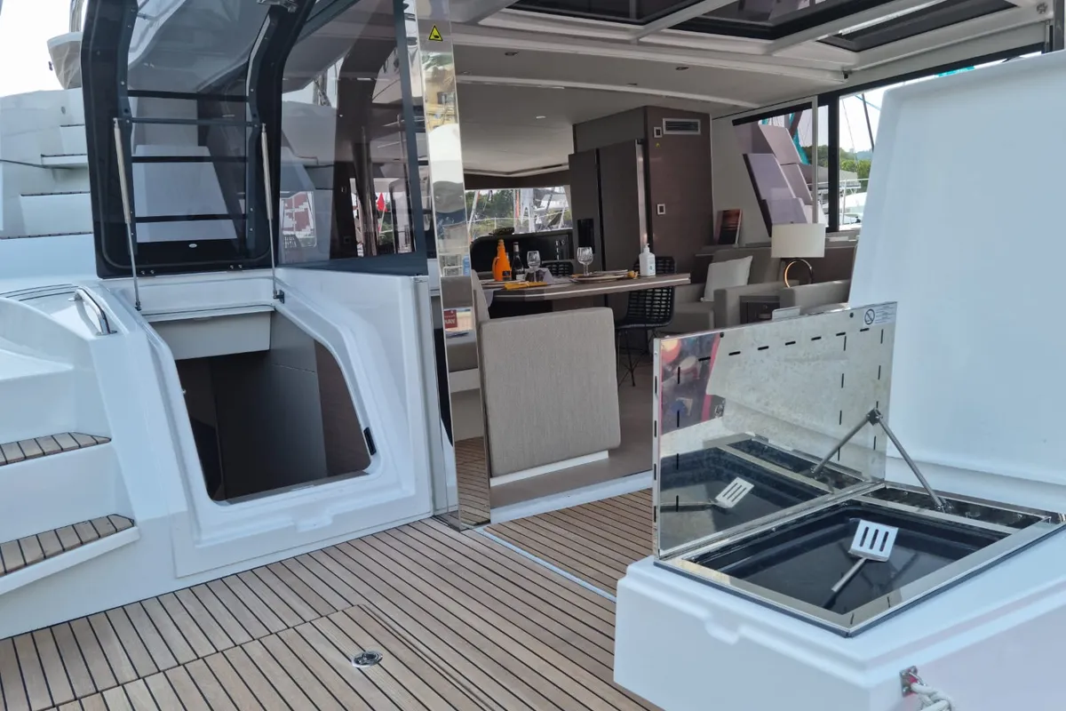 Deck of North Star, a Bali 5.4 catamaran at Olbia, Italy