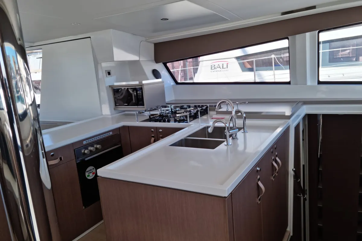 Galley of North Star, a Bali 5.4 catamaran at Olbia, Italy
