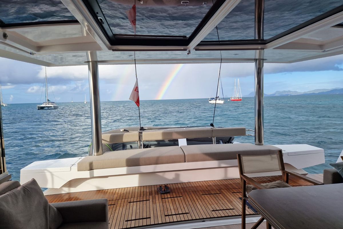 Deck of North Star, a Bali 5.4 catamaran at Olbia, Italy