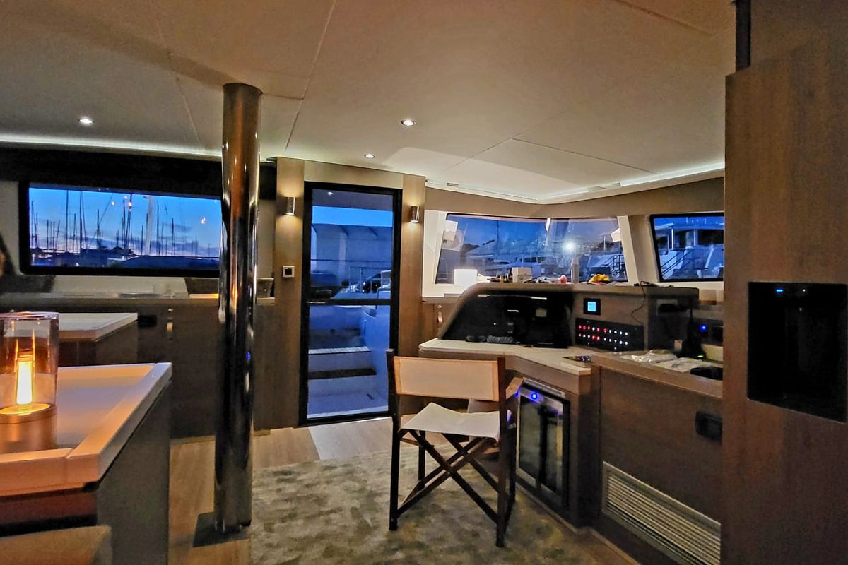 Cockpit of North Star, a Bali 5.4 catamaran at Olbia, Italy