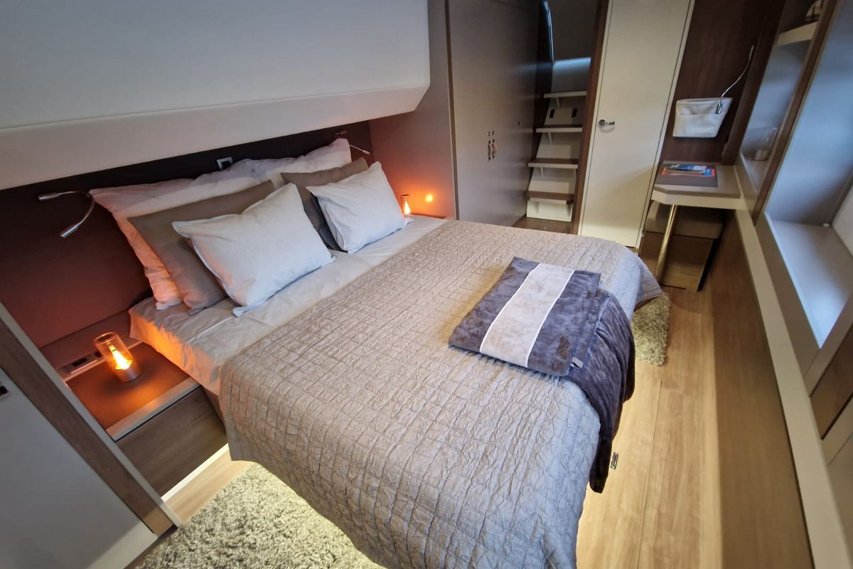 Cabin on North Star, a Bali 5.4 catamaran at Olbia, Italy
