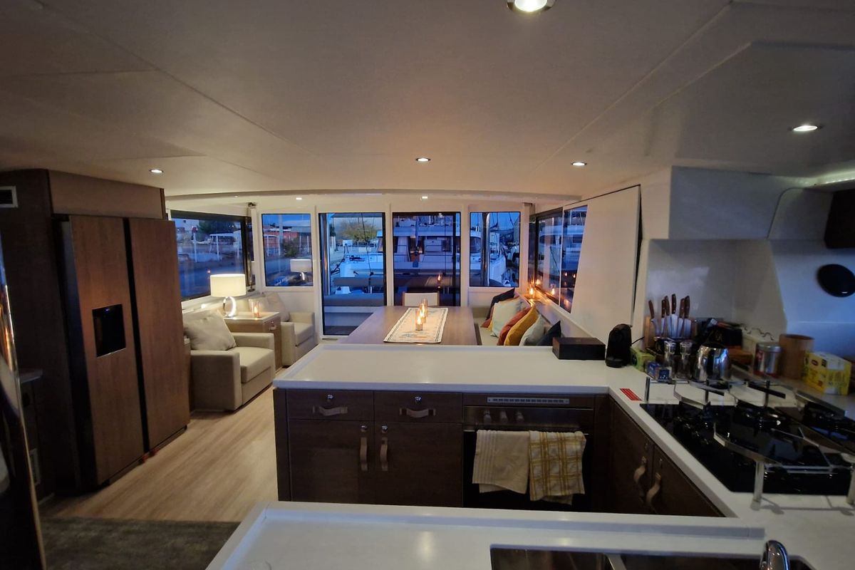 Salon of North Star, a Bali 5.4 catamaran at Olbia, Italy