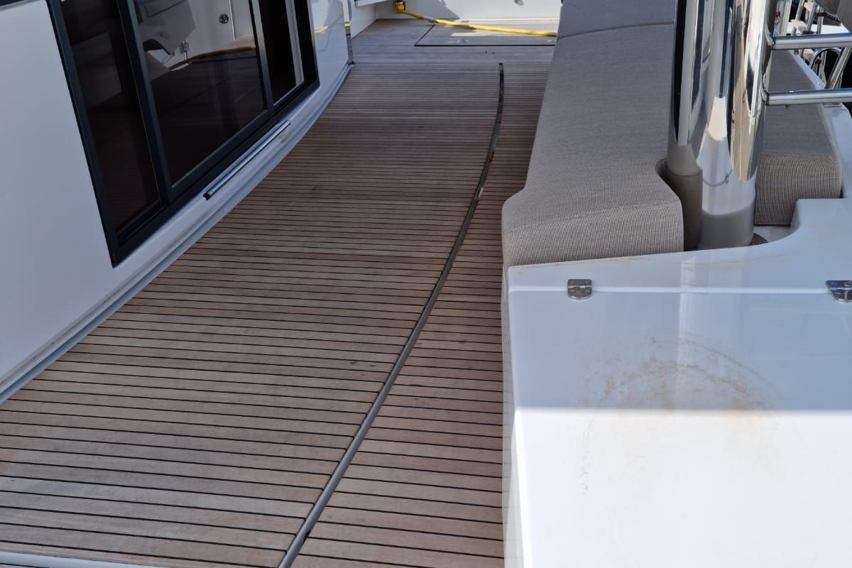 Deck of North Star, a Bali 5.4 catamaran at Olbia, Italy