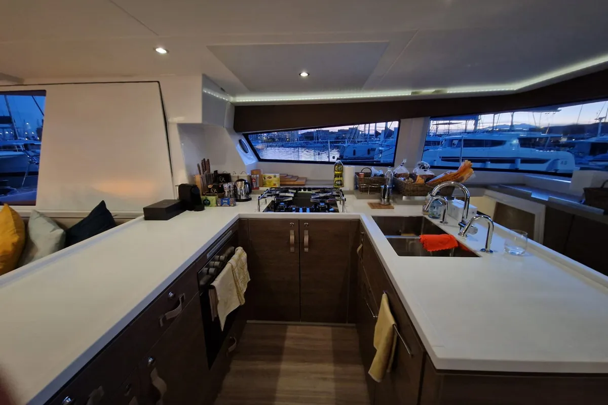 Galley of North Star, a Bali 5.4 catamaran at Olbia, Italy